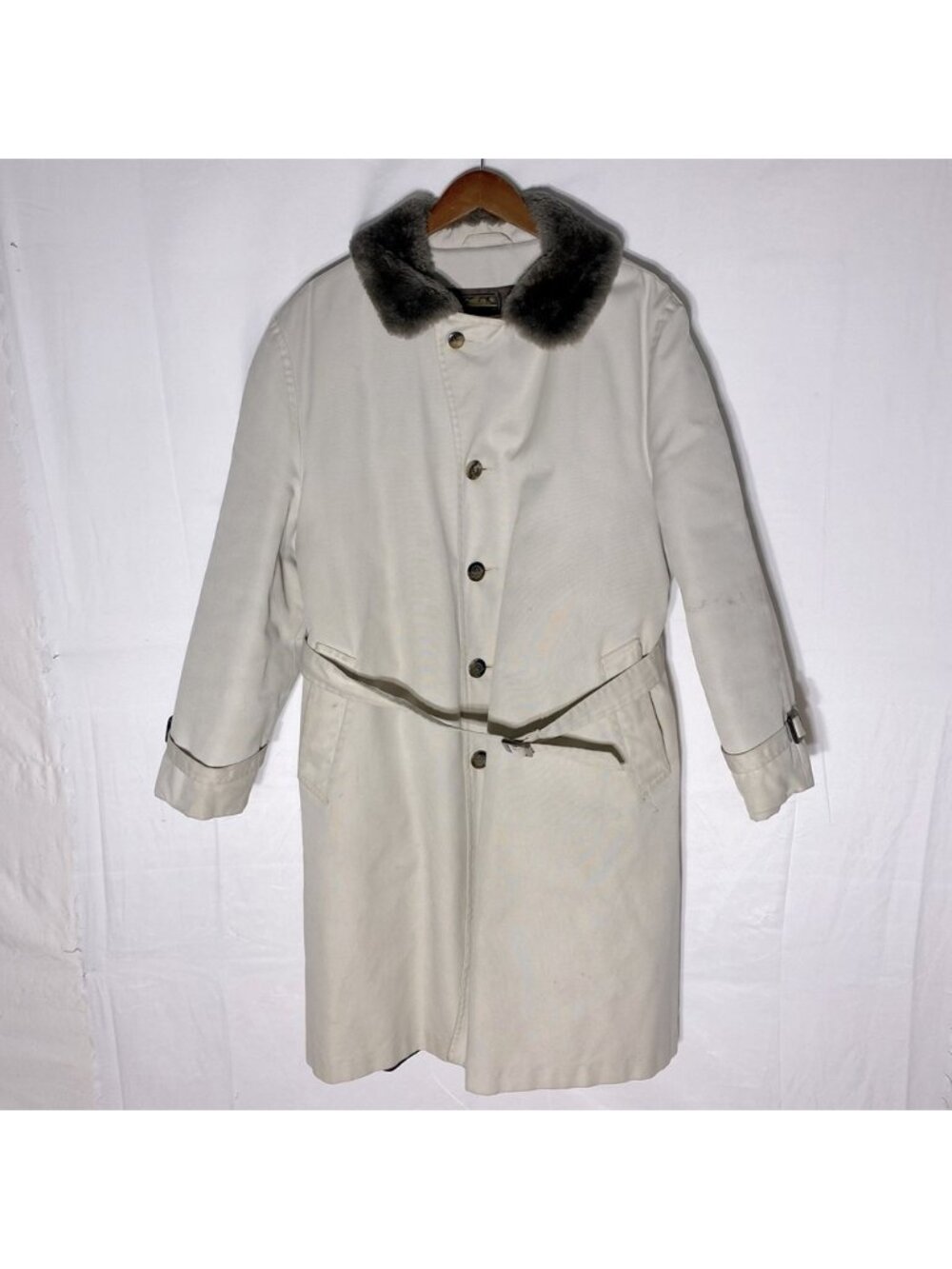 Vintage Eddie Bauer Beige Overcoat W Faux Fur Trim & Quilted Goose Down Lining S